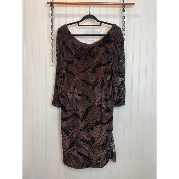 Fabian Molina Brown Leaf Textured & Lace Insert Midi Shift Dress Size M - Picture 1 of 9